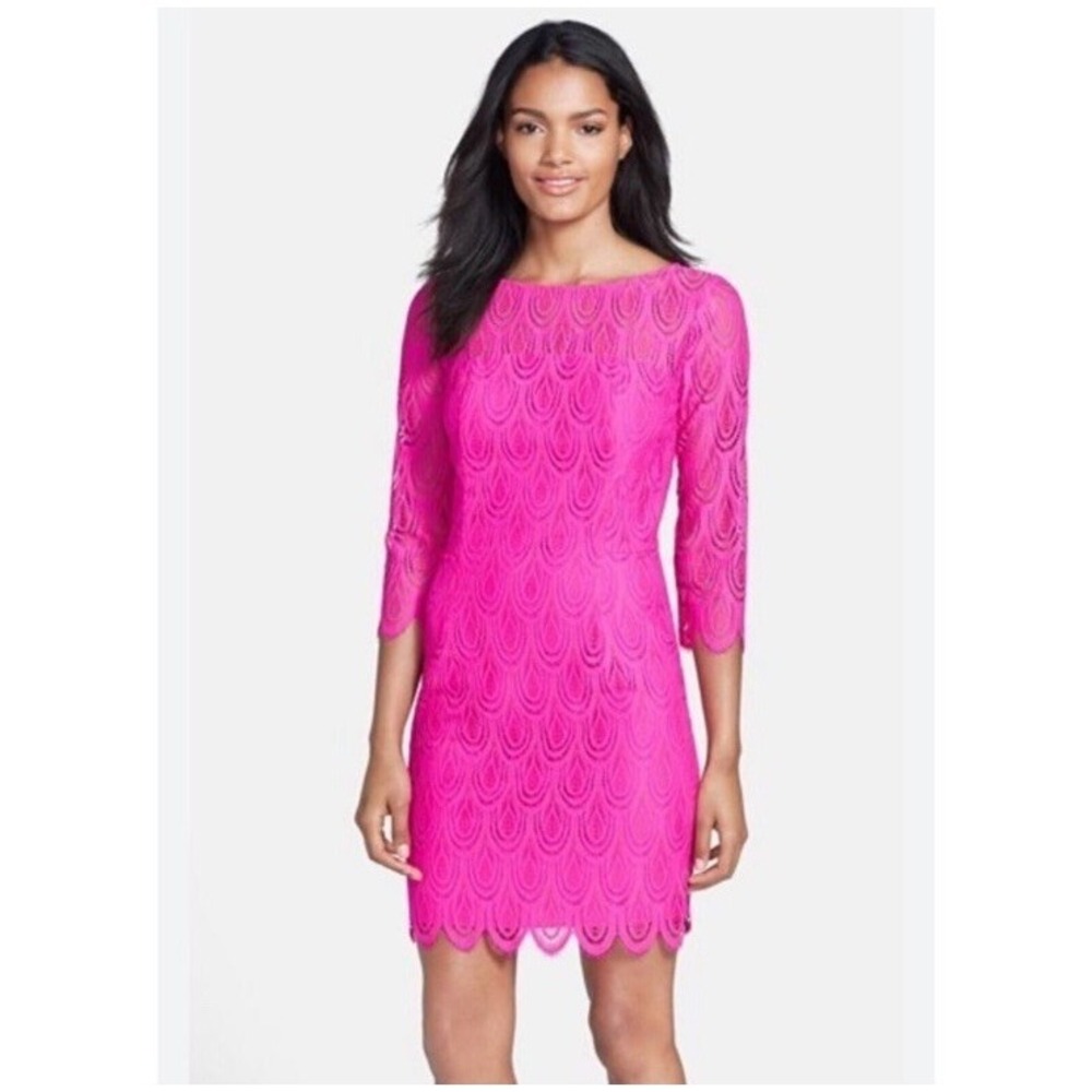 Lilly Pulitzer Hera Sheath Dress Women's 6 Pink Lace 3/4 Sleeves Scalloped Hem